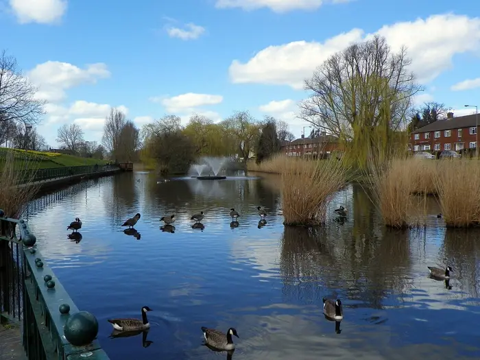 The lake and fountain in Aberford Park, Borehamwood