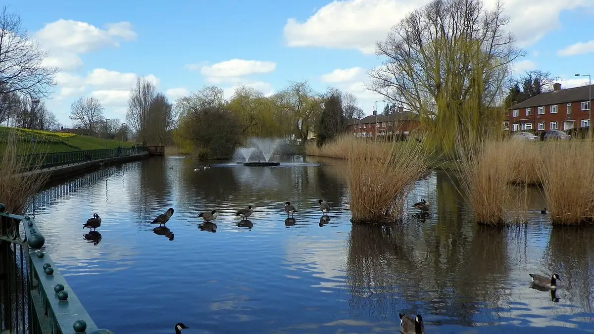 The lake and fountain in Aberford Park, Borehamwood