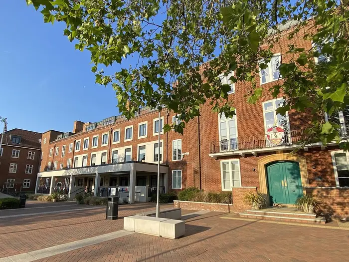 Brentwood Town Hall and its paved square on Ingrave Road, Brentwood, Essex