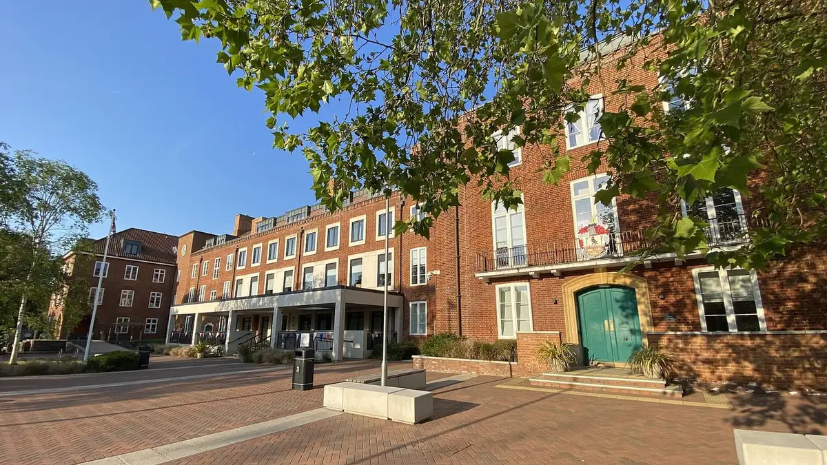 Brentwood Town Hall and its paved square on Ingrave Road, Brentwood, Essex