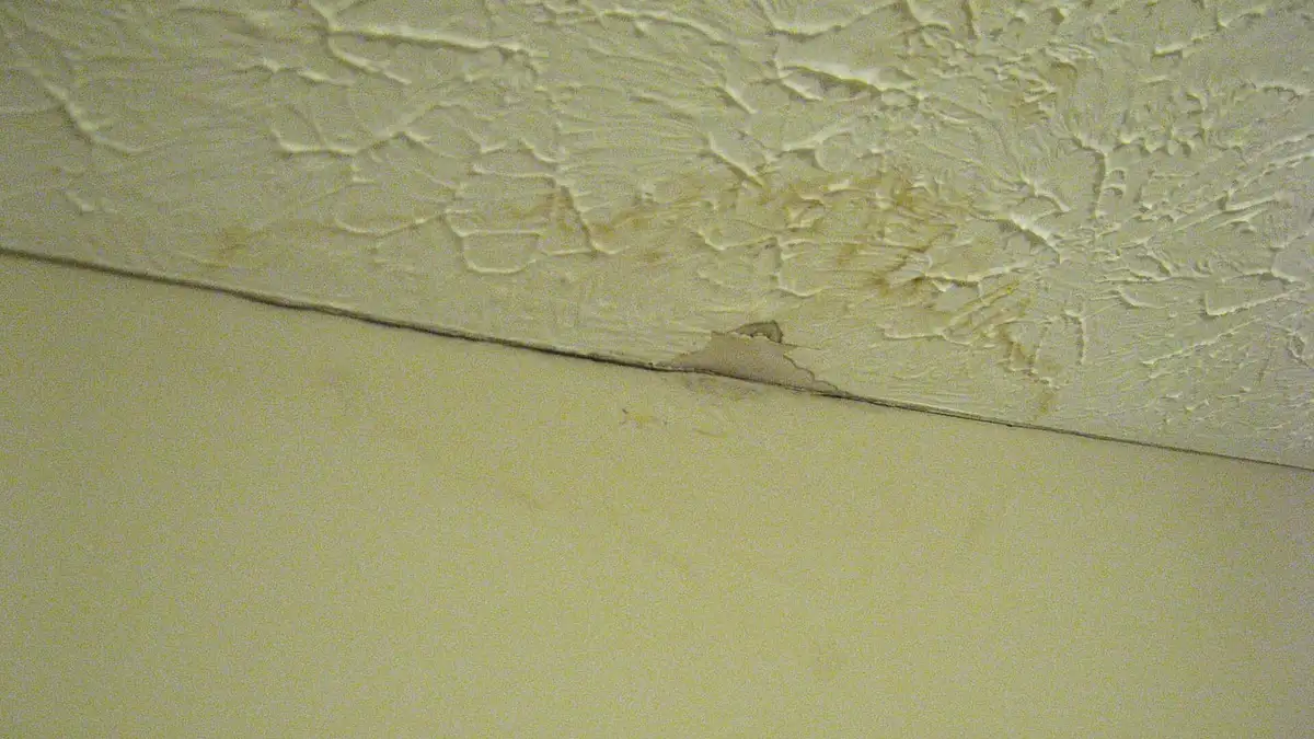 A brown water stain on a ceiling from a leak above