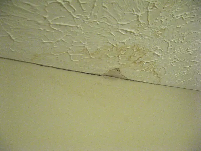 A brown water stain on a ceiling from a leak above