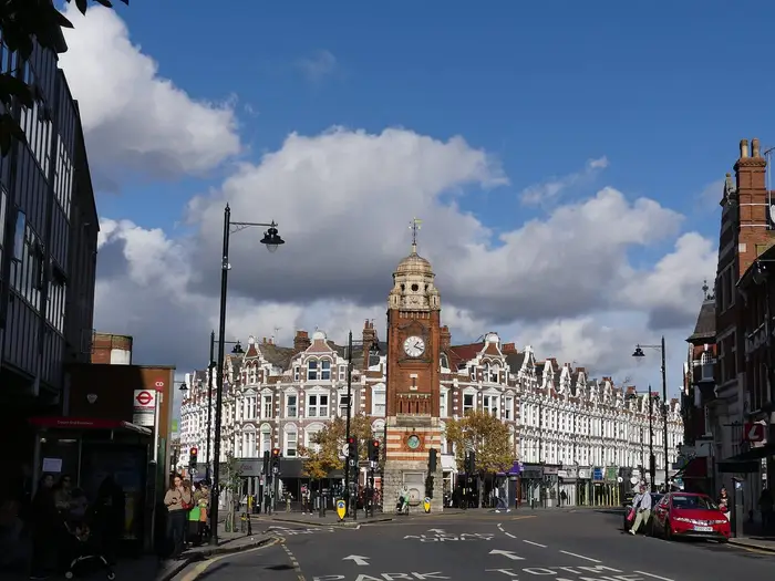 Crouch End Clock Tower and the Broadway parade of shops, Crouch End
