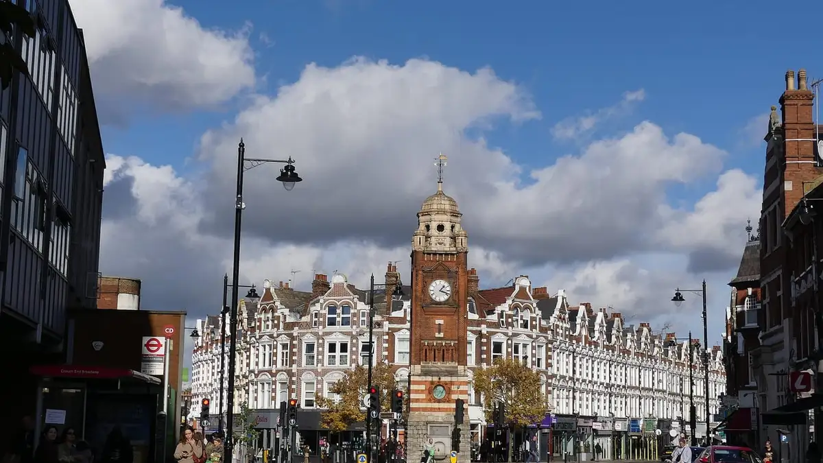 Crouch End Clock Tower and the Broadway parade of shops, Crouch End