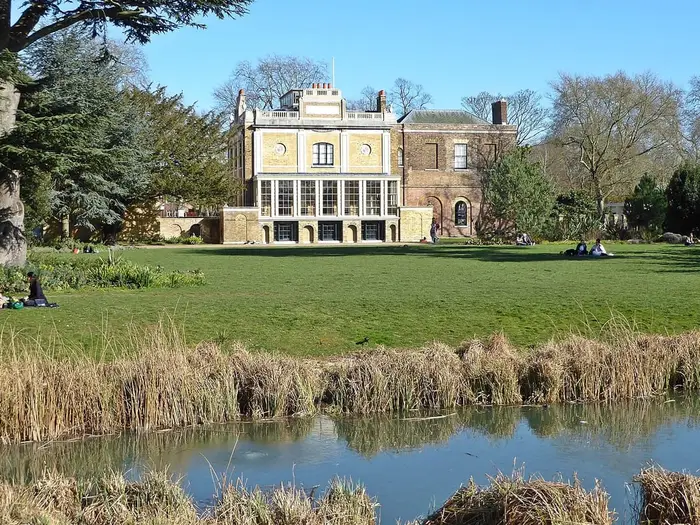 Pitzhanger Manor seen across the pond in Walpole Park, Ealing