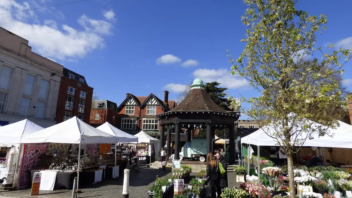 Market stalls and the market pavilion in the Market Place, Enfield Town