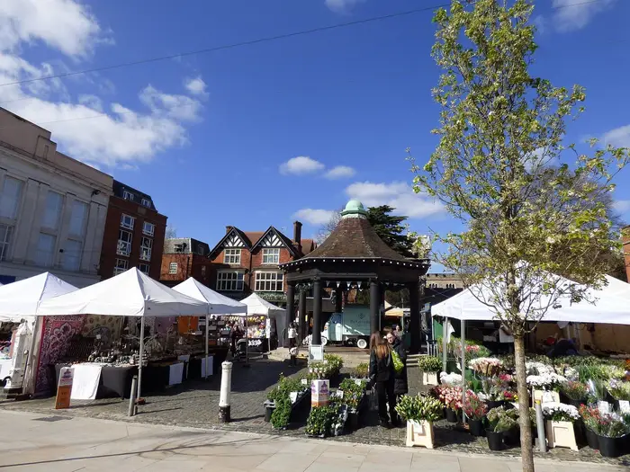 Market stalls and the market pavilion in the Market Place, Enfield Town
