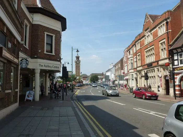 Epsom High Street with the Ashley Centre and the clock tower in the distance