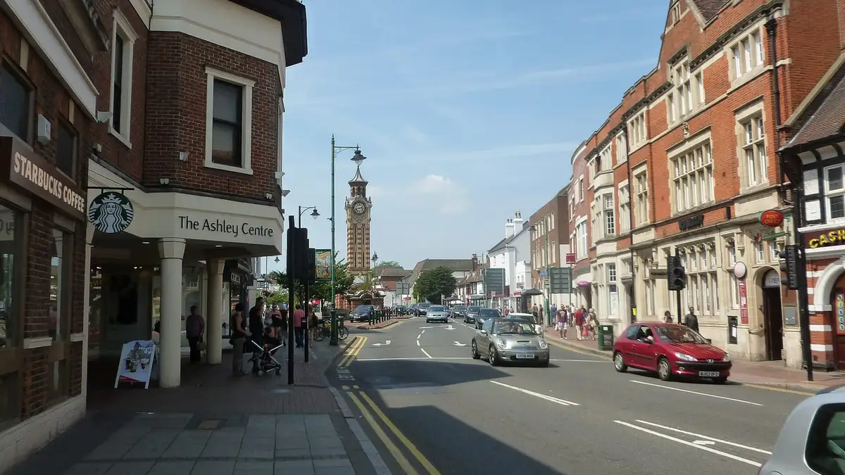 Epsom High Street with the Ashley Centre and the clock tower in the distance