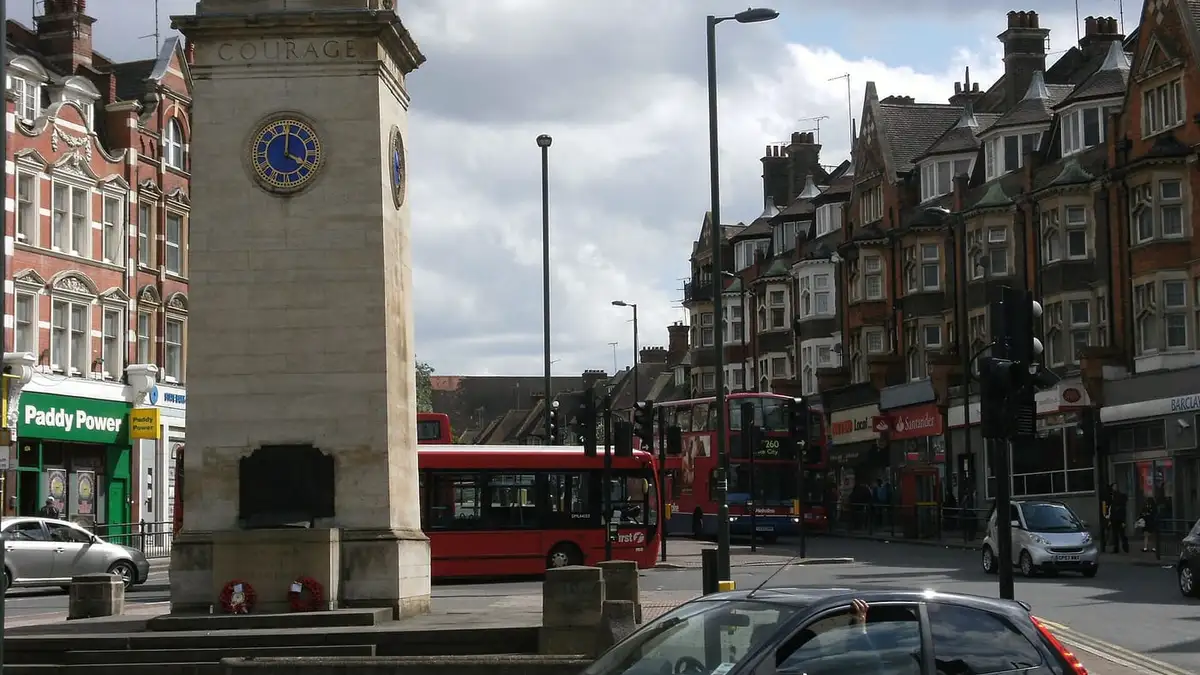 The war memorial clock tower on Finchley Road, Golders Green