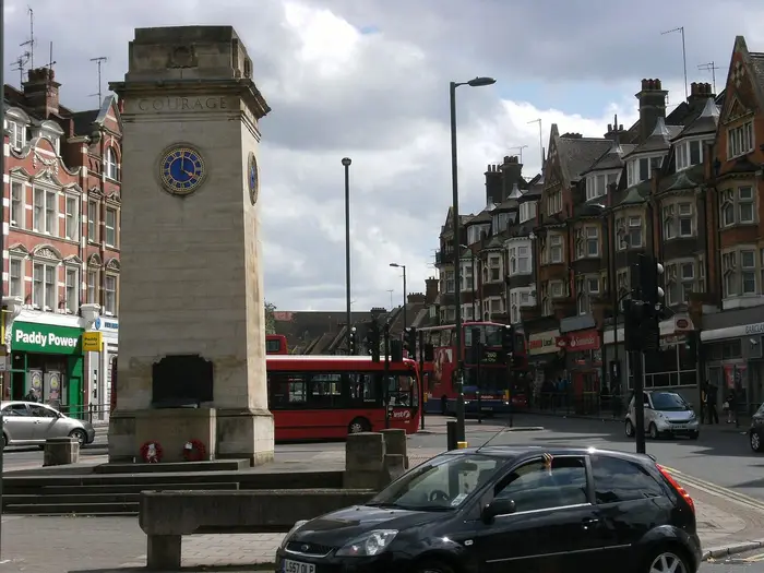 The war memorial clock tower on Finchley Road, Golders Green