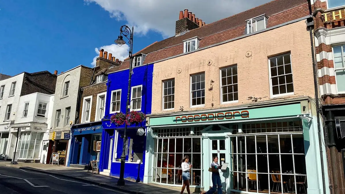 Colourful period shopfronts on Heath Street, Hampstead village