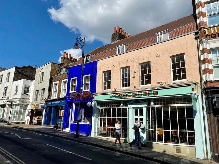 Colourful period shopfronts on Heath Street, Hampstead village