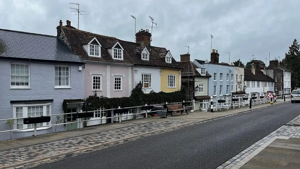 Pastel-coloured cottages on the High Street, Hemel Hempstead Old Town