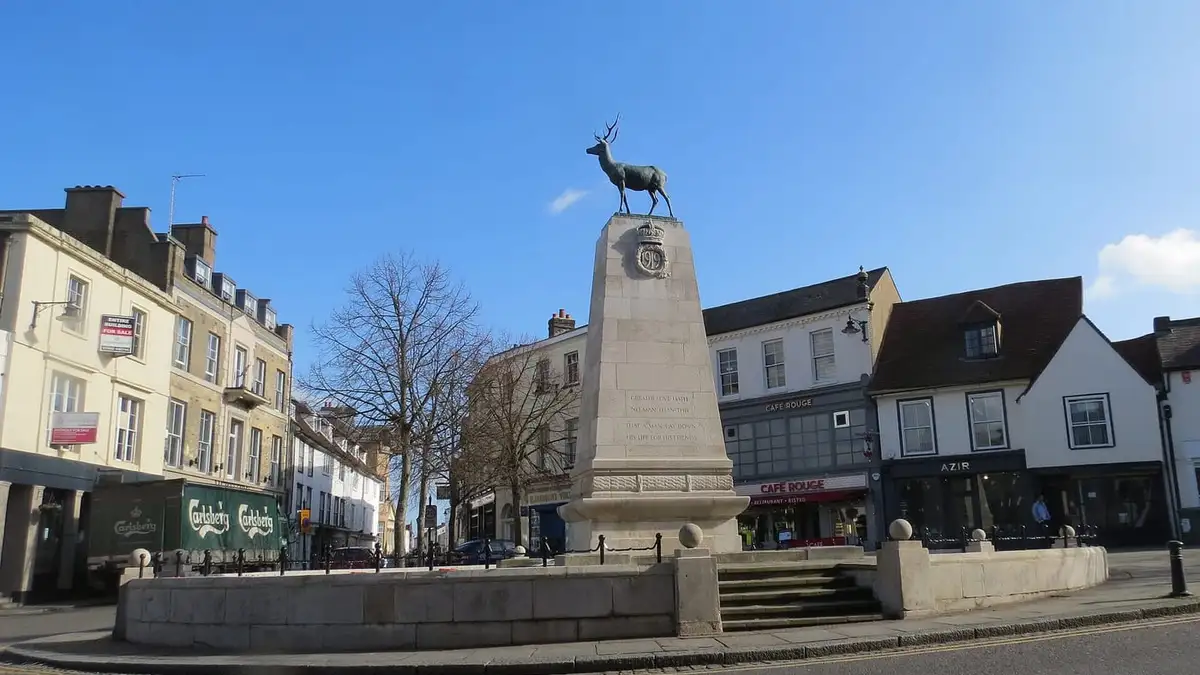 Parliament Square, Hertford, with the stag-topped war memorial