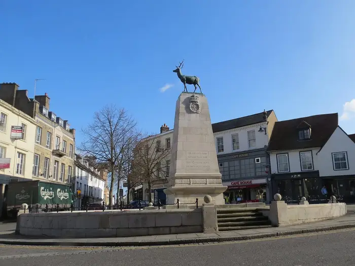 Parliament Square, Hertford, with the stag-topped war memorial
