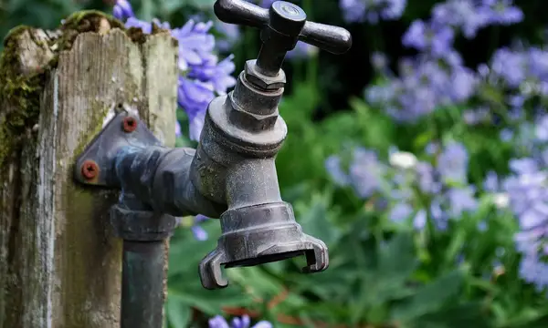 An outdoor garden tap on a wooden post among bluebells