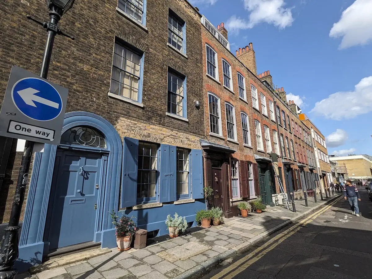 Georgian terraced houses with painted shutters on Wilkes Street, Spitalfields