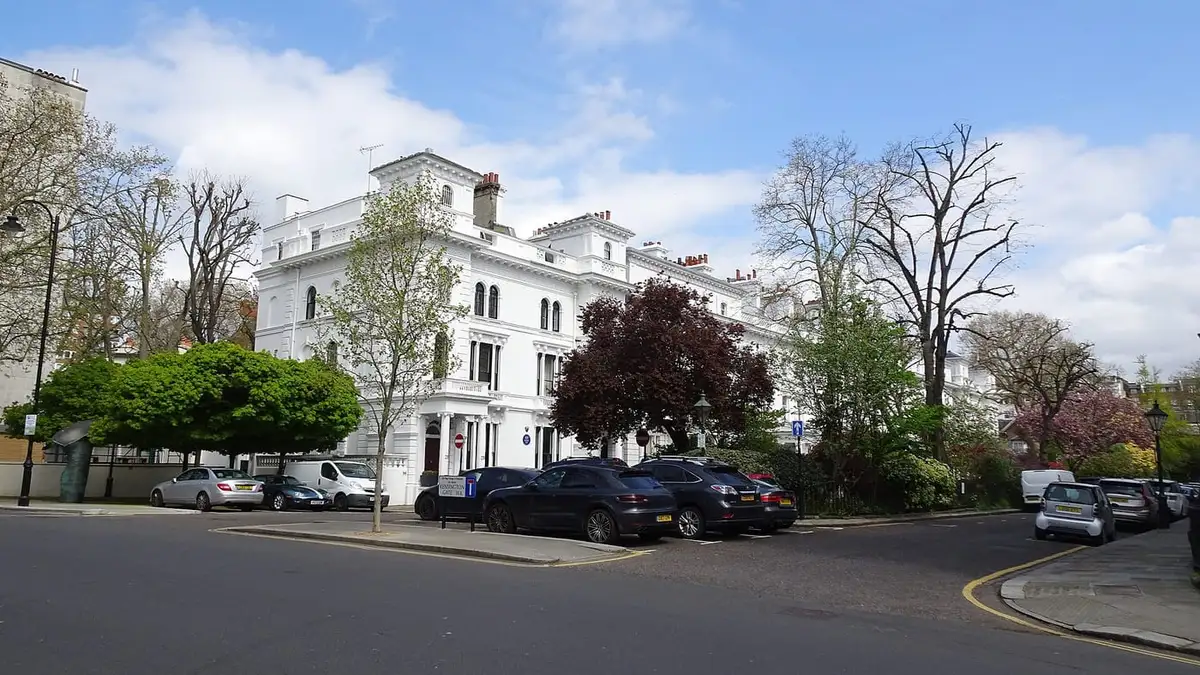 White stucco terraced houses on Kensington Gate