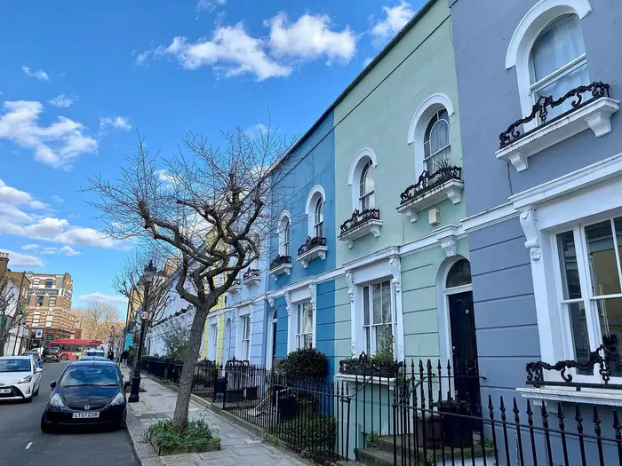 Colourful painted terrace on Kelly Street, Kentish Town