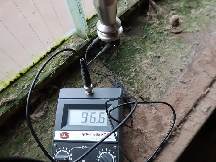 A moisture meter probe testing a damp, mouldy window sill