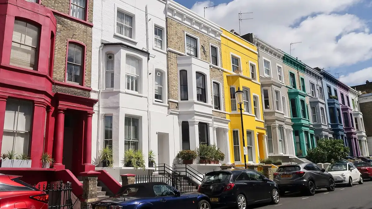 Colourful painted houses on Lancaster Road, Notting Hill