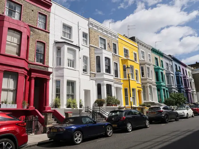 Colourful painted houses on Lancaster Road, Notting Hill