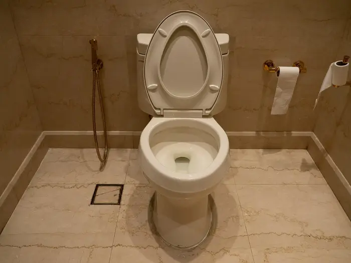 A white toilet in a marble-tiled bathroom