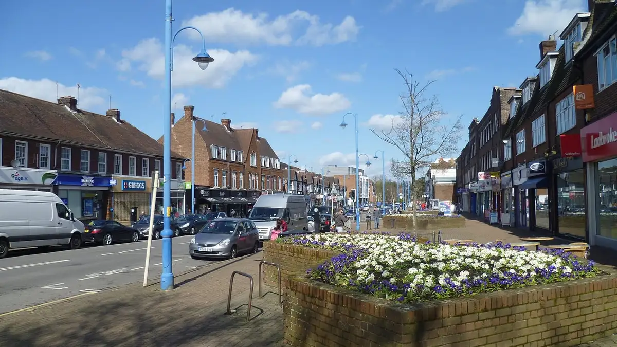 Shopping parade and flower beds in Potters Bar town centre