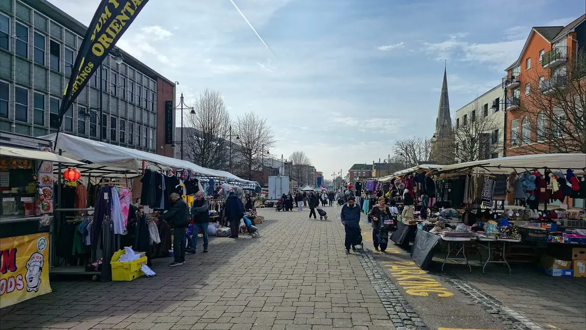 Romford Market in the Market Place, with St Edward's spire beyond