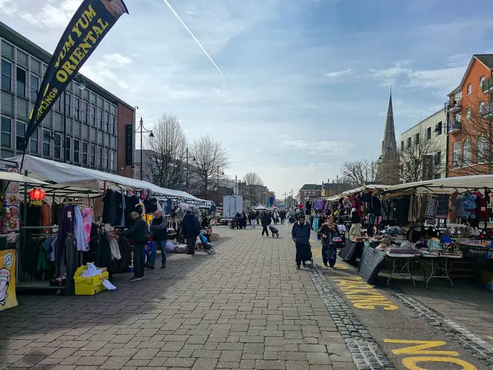 Romford Market in the Market Place, with St Edward's spire beyond