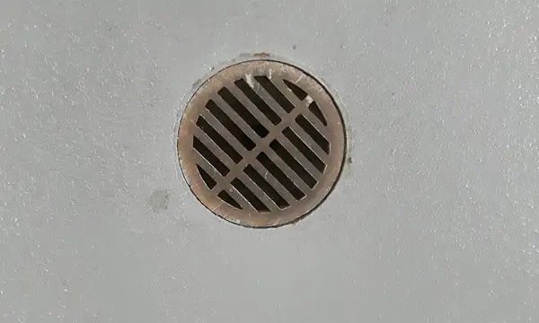 A round floor drain grate in a concrete floor