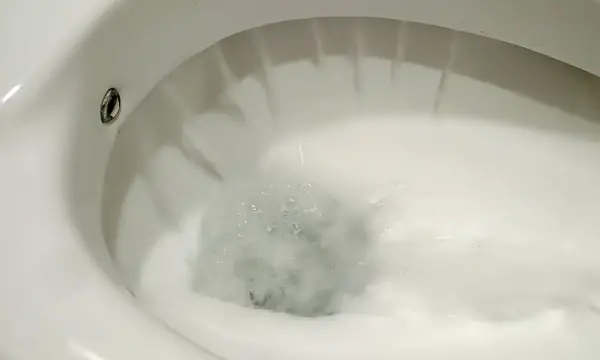 Water swirling in a white toilet bowl during a flush