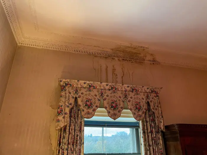 A brown water stain spreading across a ceiling above a curtained window
