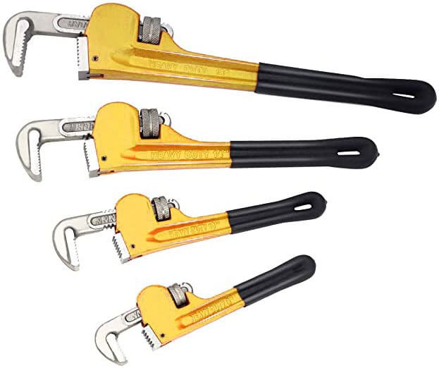 Whip wrench or pipe wrench, The whip wrench, also known as a pipe wrench, is an essential tool for plumbers, providing a strong and adjustable grip for turning and loosening pipes with ease.